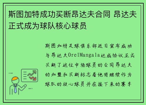 斯图加特成功买断昂达夫合同 昂达夫正式成为球队核心球员